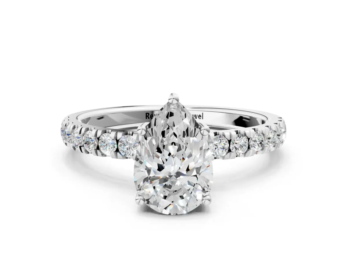 Pear Cut Diamond Pave Band Solitaire Ring with Round Moissanite and Prong Setting Platinum