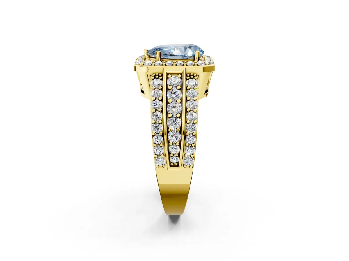 Fancy Blue Pear Cut Halo Diamond Ring with Round Split Shank and Prong Setting Yellow gold