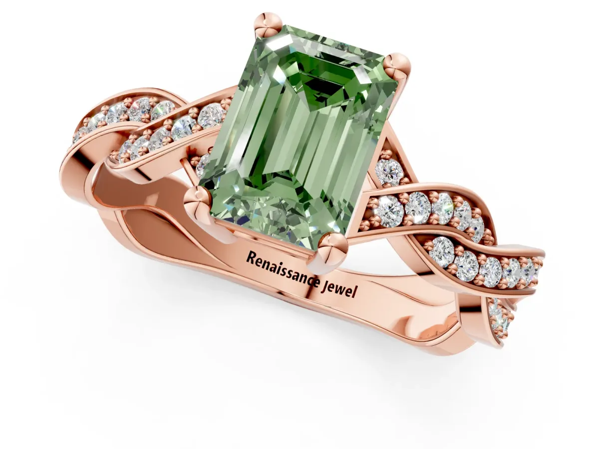 Fancy Green Emerald Cut Cut Twisted Pavé Band Solitaire Ring with Four-Prong Setting Rose gold