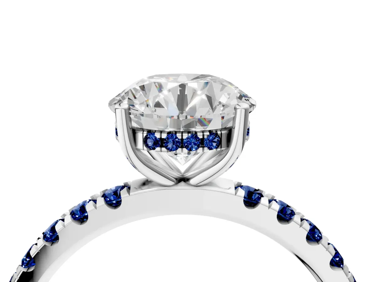 Round Cut Diamond Pave Band Solitaire Ring with Round Blue Sapphire and Prong Setting Silver