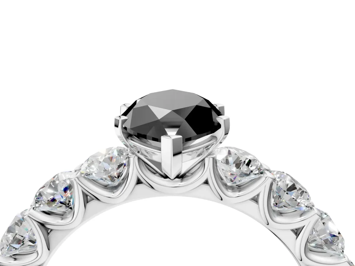 Fancy Black Marquise Cut Diamond Prong Setting with Side Stones on a Pave Band Silver
