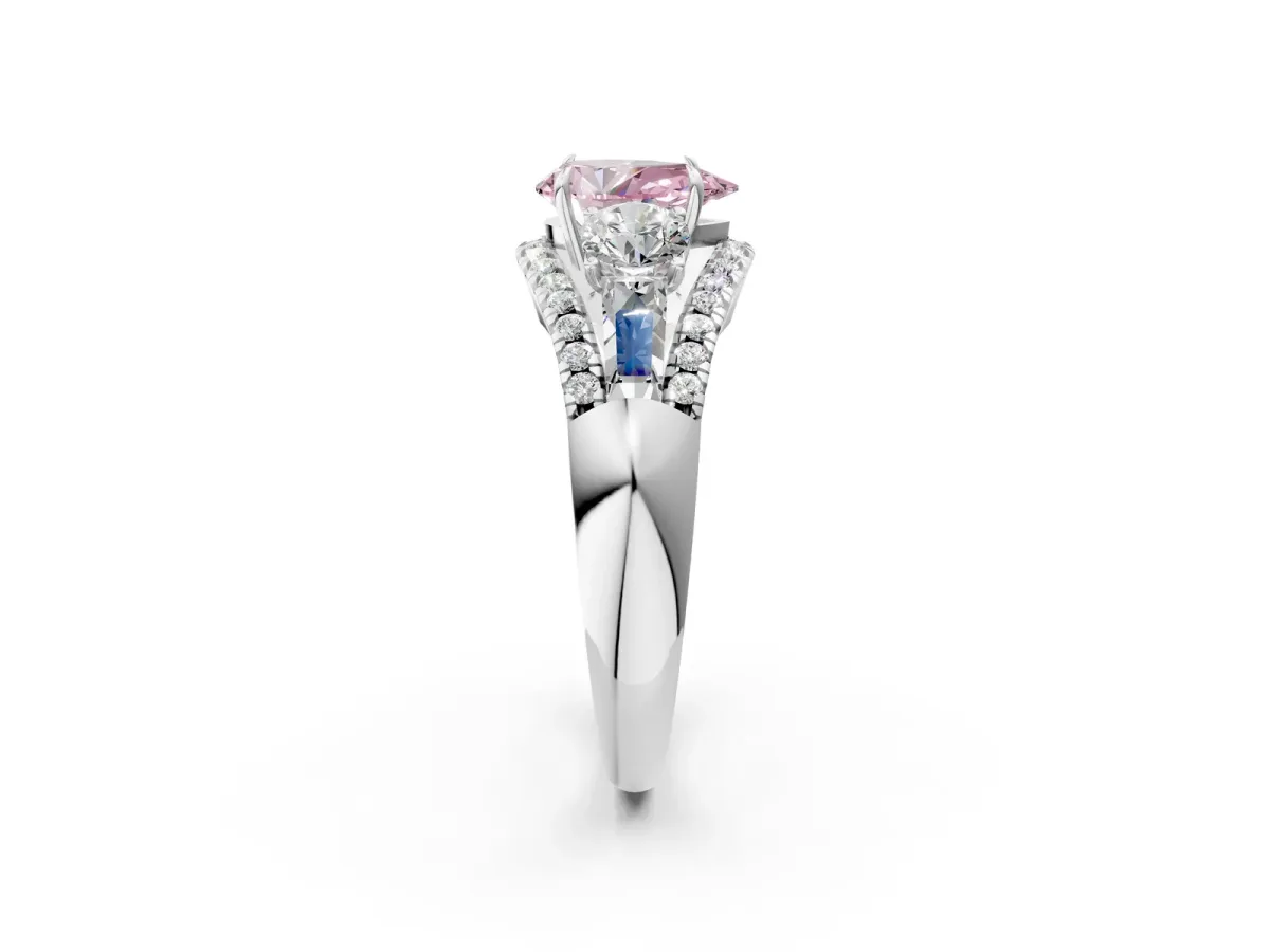 Fancy Pink Three-Stone Pear Cut Diamond Engagement Ring with Pave Band and Prong Setting Platinum
