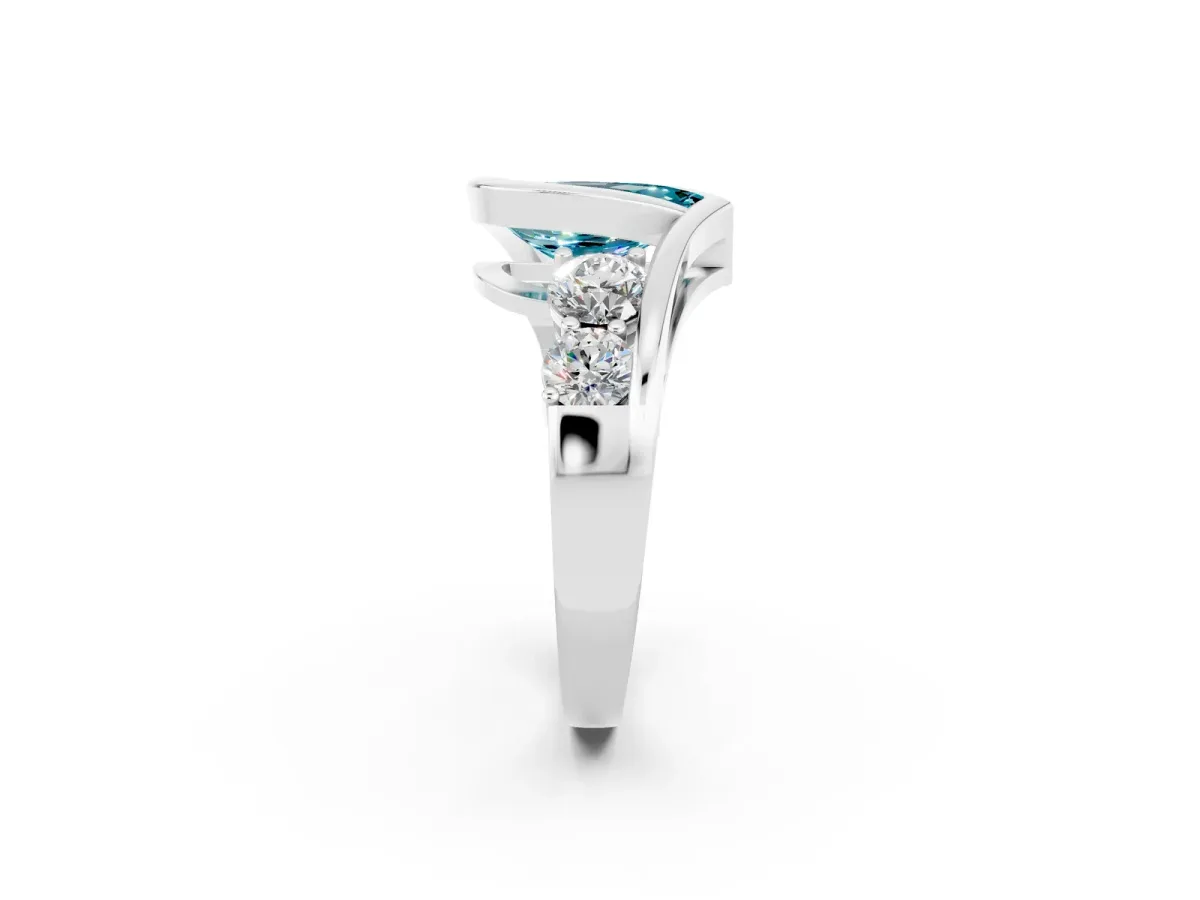 Bezel Set Pear Cut Blue Topaz Bypass Ring with Round Accents Platinum