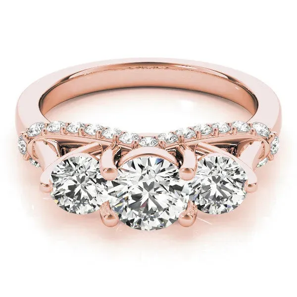 Round Cut Diamond Three-Stone Ring with Prong Setting and Pavé Band Rose gold