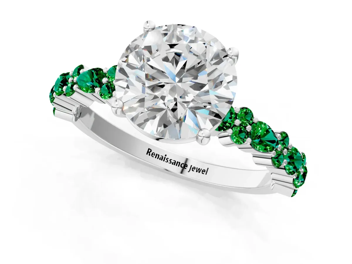 Round Cut Diamond Side Stone Solitaire Ring with Round Emerald and Four-Prong Setting White gold