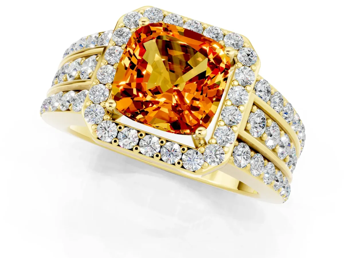 Cushion Cut Halo Citrine Ring with Round Split Shank and Prong Setting Yellow gold