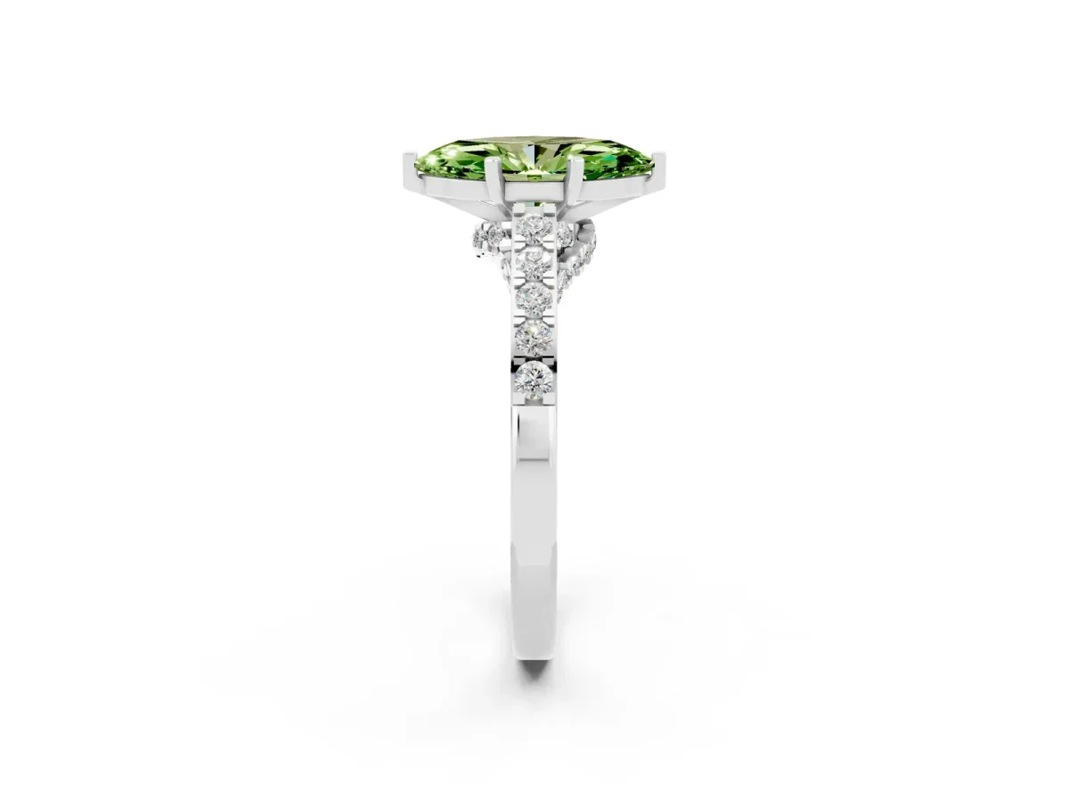 Marquise Cut Peridot Solitaire Ring with Crossover Gallery and Round Pavé Band Silver