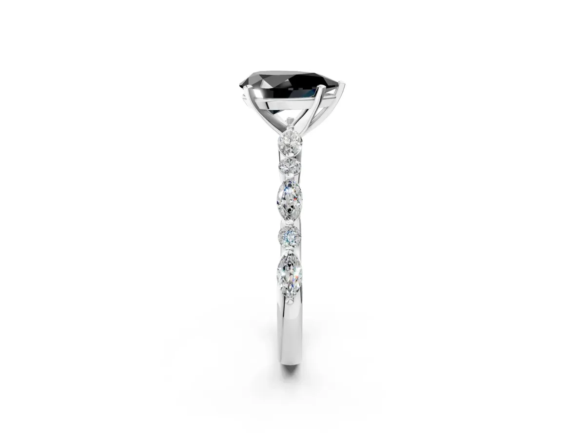 Fancy Black Pear Cut Diamond Ring with Marquise and Round Side Stones and Four-Prong Setting Silver