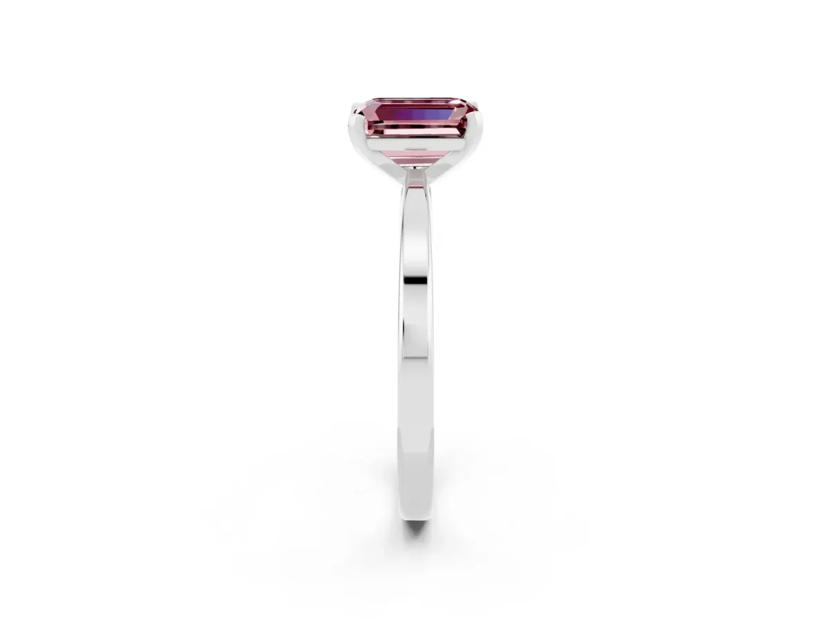 Emerald Cut Morganite Solitaire Engagement Ring with Classic Band and Four-Prong Setting Silver