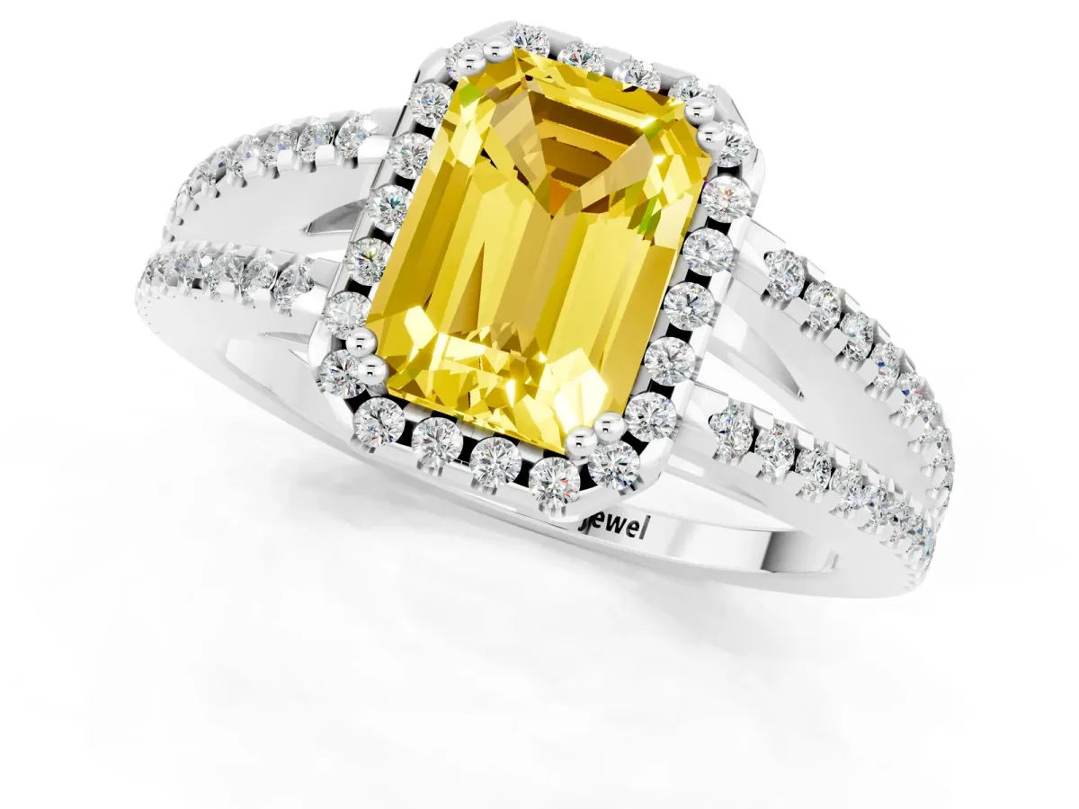 Emerald Cut Yellow Sapphire Halo Split Shank Engagement Ring Platinum