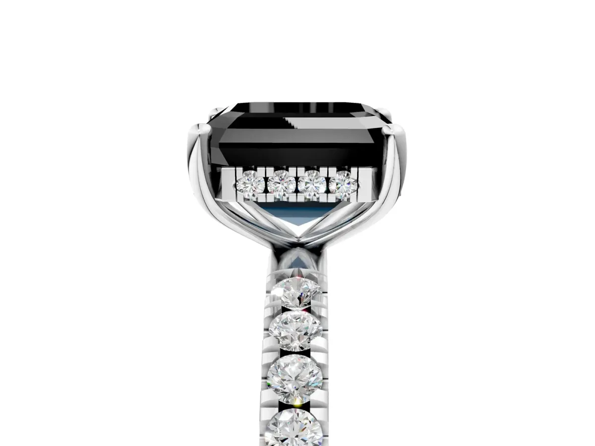 Fancy Black Asscher Cut Diamond Pave Band Solitaire Ring with Round and Prong Setting Platinum