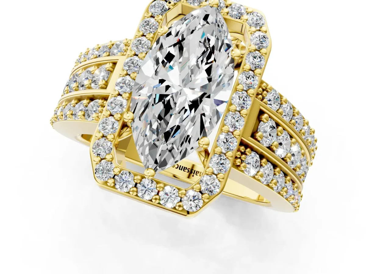 Marquise Cut Halo Diamond Ring with Round Split Shank and Prong Setting Yellow gold