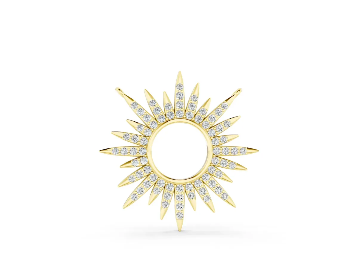 Round Cut Diamond Sunburst Pendant with Pavé Setting Yellow gold