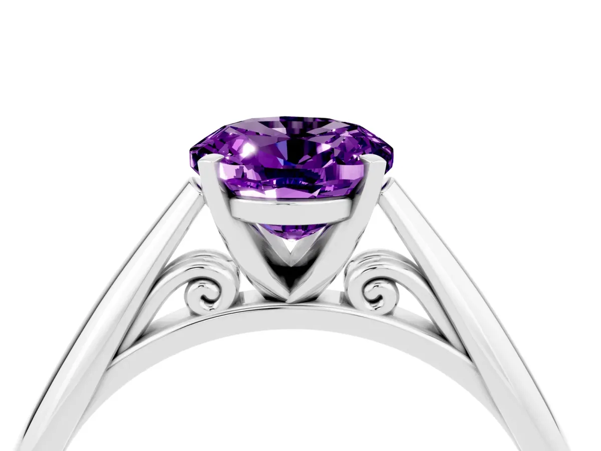 Oval Cut Amethyst Solitaire Engagement Ring with Cathedral Setting and Four-Prong Mount White gold