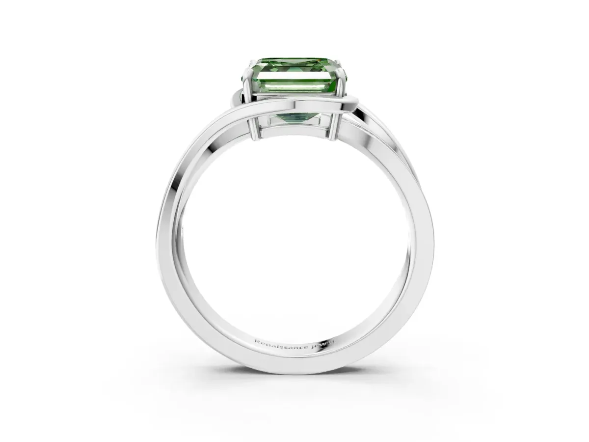 Fancy Green Asscher Cut Diamond Solitaire Ring with Split Shank and Prong Setting Platinum
