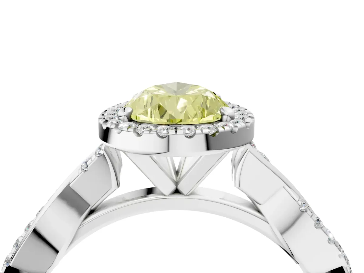 Fancy Yellow Pear Cut Cut Halo Twisted Band Four-Prong Ring Platinum
