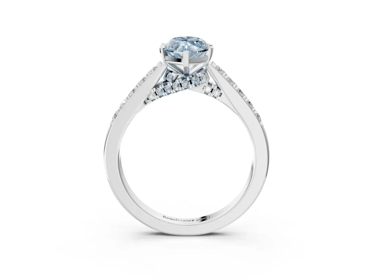 Fancy Blue Marquise Cut Diamond Solitaire Ring with Crossover Gallery and Round Pavé Band Silver