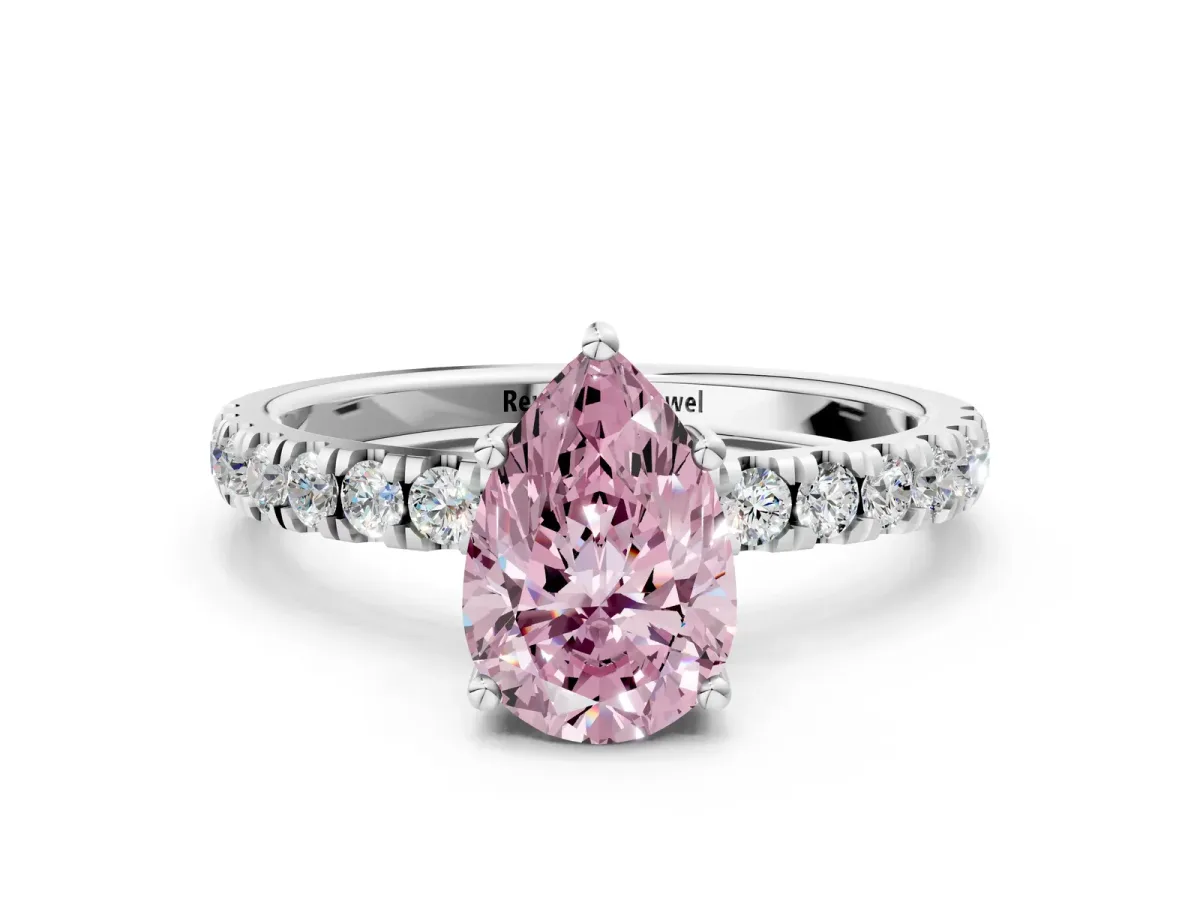 Fancy Pink Pear Cut Diamond Pave Band Solitaire Ring with Round and Prong Setting White gold
