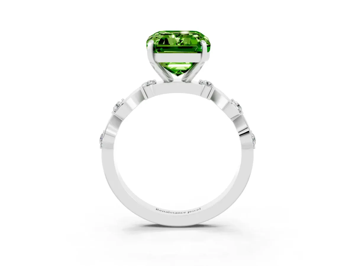 Emerald Cut Peridot Solitaire Twisted Band with Round Accents and Prong Setting Silver