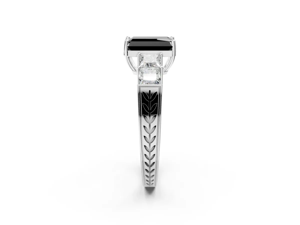 Fancy Black Radiant Cut Solitaire Princess Side Stone Engraved Band Prong Setting Ring Platinum
