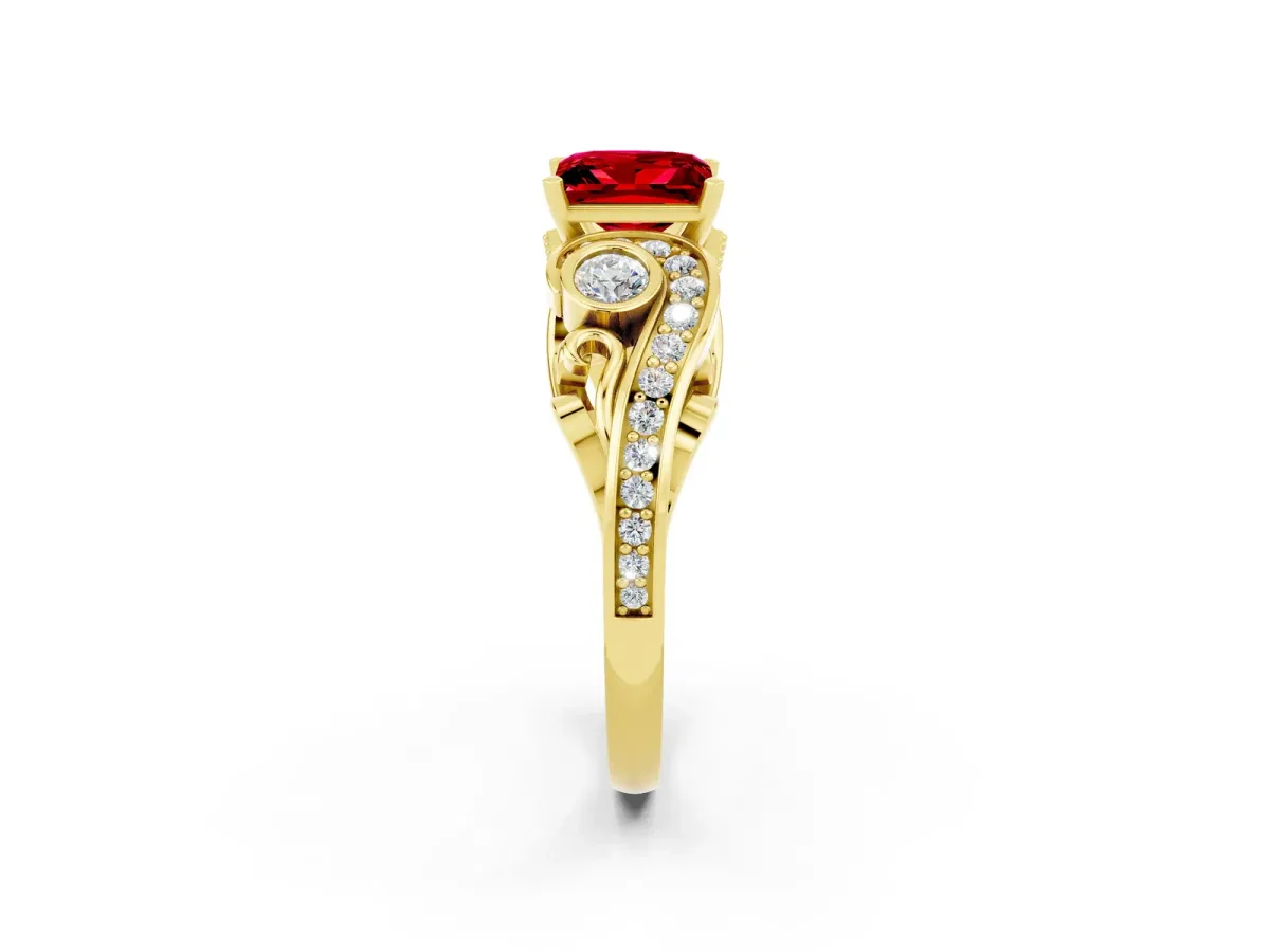 Princess Cut Ruby Solitaire Ring with Milgrain Pavé Band and Four-Prong Setting Yellow gold