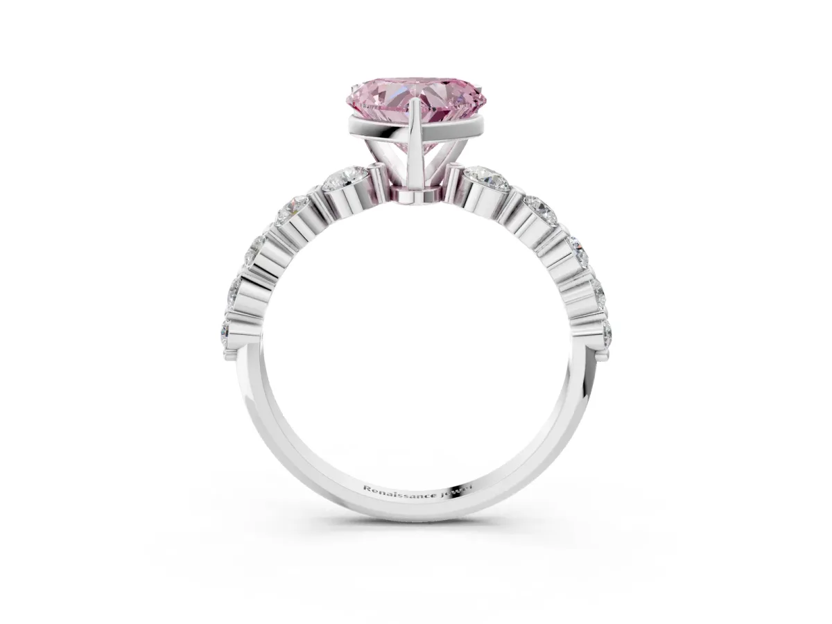 Fancy Pink Heart Cut Solitaire Diamond Ring with Pave Band and Four-Prong Setting Silver