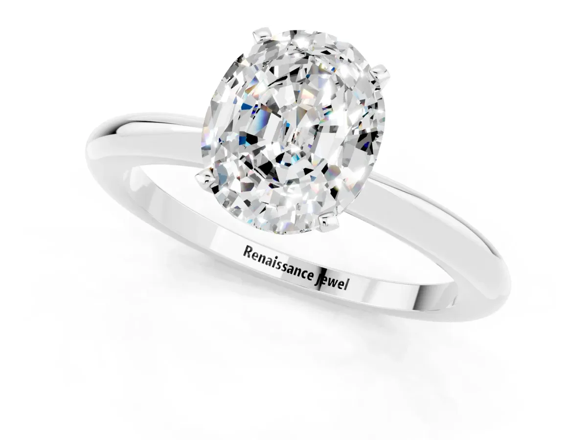 Oval Cut Moissanite Solitaire Ring with Six-Prong Setting and Classic Band Silver