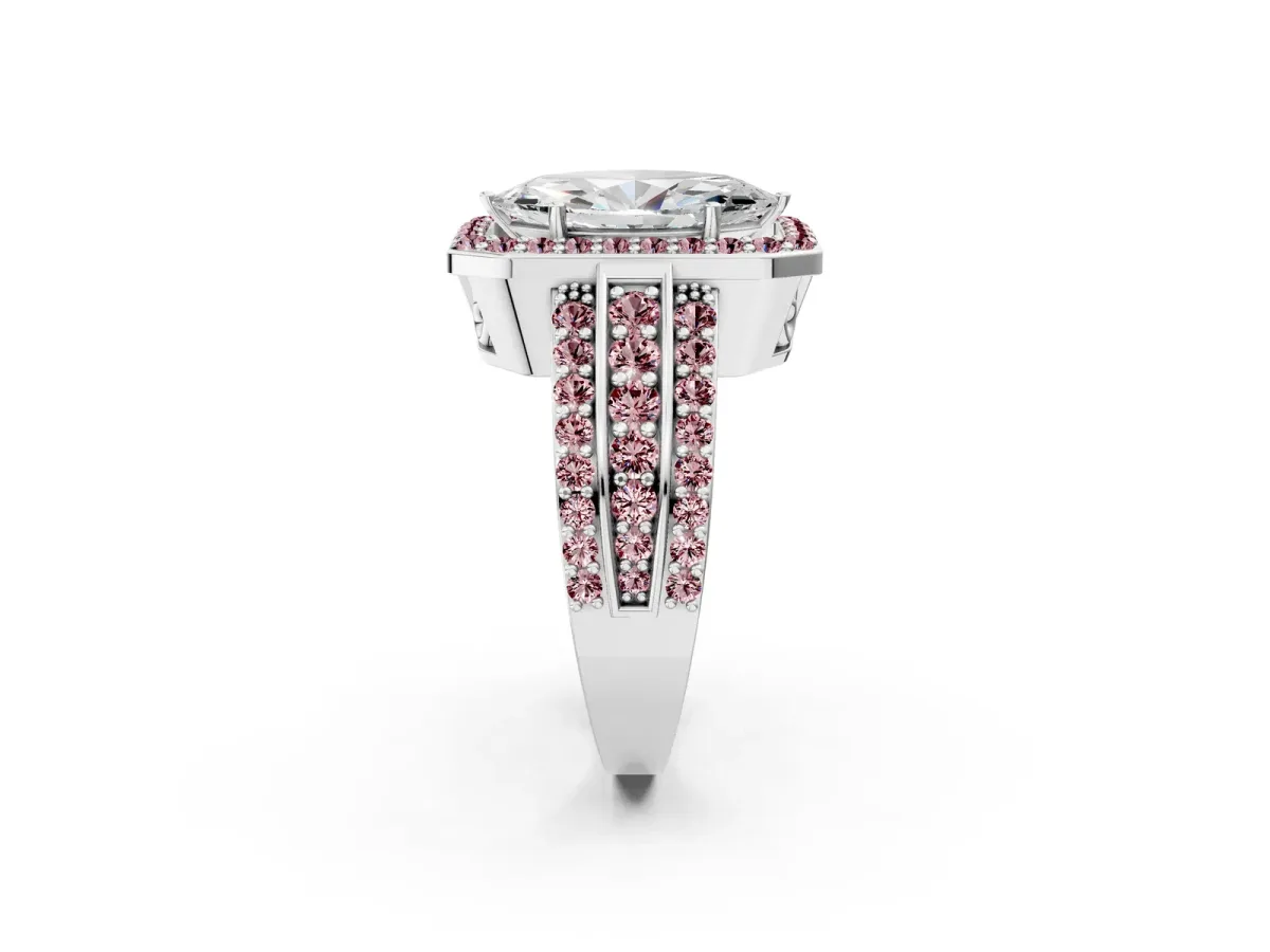 Marquise Cut Halo Diamond Ring with Round Morganite Split Shank and Prong Setting Silver