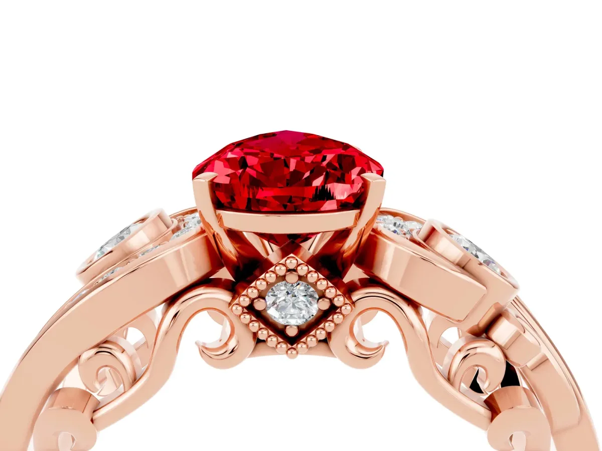 Pear Cut Ruby Solitaire Ring with Milgrain Pavé Band and Four-Prong Setting Rose gold