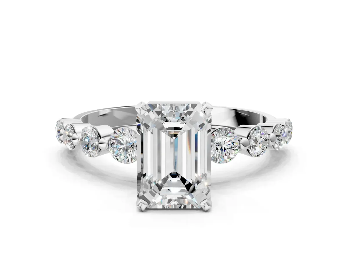 Emerald Cut Solitaire Diamond Ring with Pave Band and Four-Prong Setting White gold