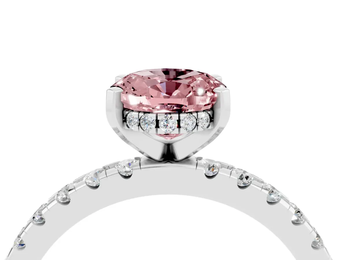 Oval Cut Morganite Solitaire Ring with Round Pavé Band and Four-Prong Setting Silver