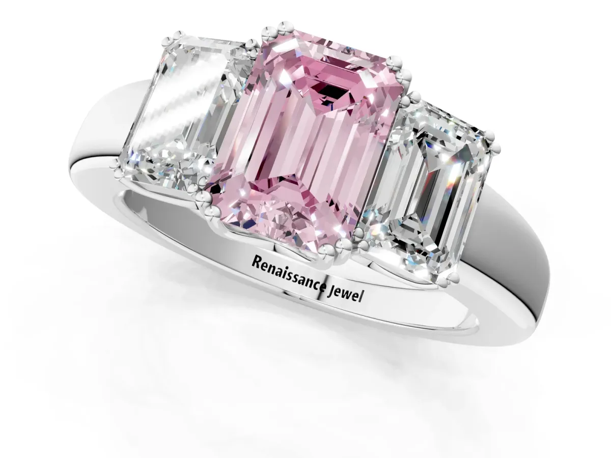Fancy Pink Three-Stone Emerald Cut Cut Diamond Ring with Channel Set Band and Four-Prong Setting Silver