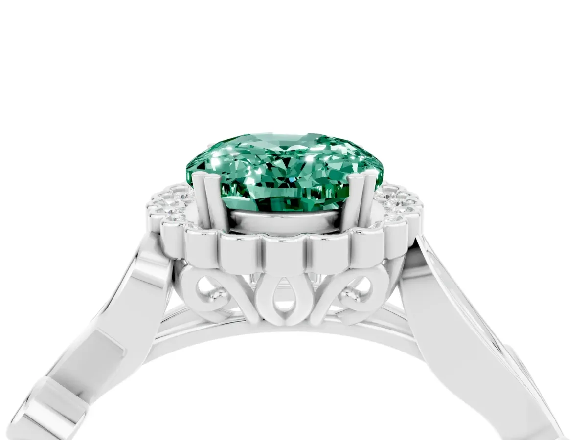 Oval Cut Green Sapphire Halo Ring with Vintage Split Shank and Four-Prong Setting Silver