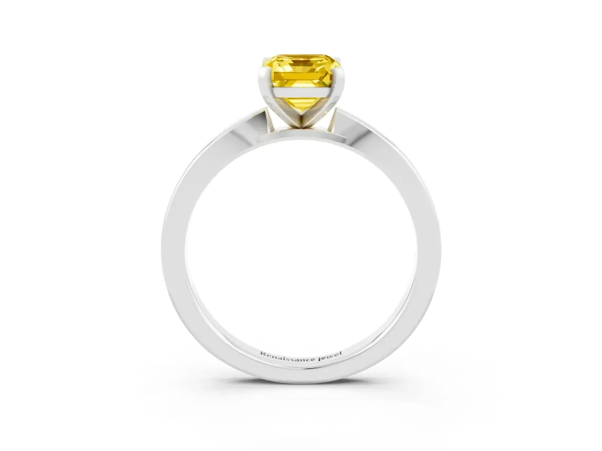 Emerald Cut Yellow Sapphire Solitaire Engagement Ring with Classic Band and Four-Prong Setting Silver