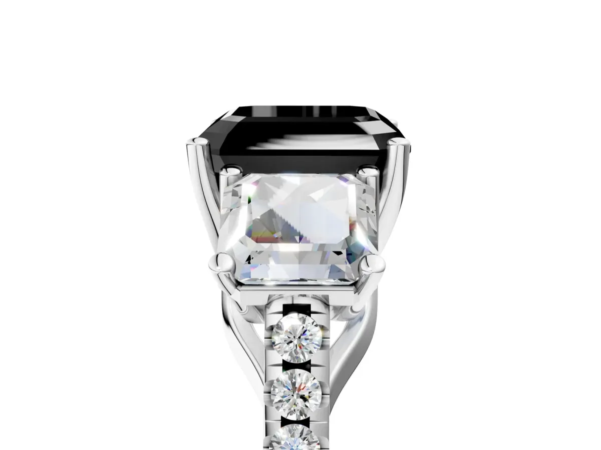 Fancy Black Three-Stone Asscher Cut Diamond Ring with Round Pavé Band and Prong Setting Silver