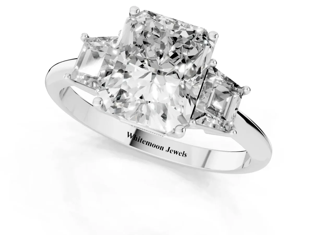 Radiant Cut Diamond Three-Stone Ring with Trapezoid Side Stones and Prong Setting Platinum