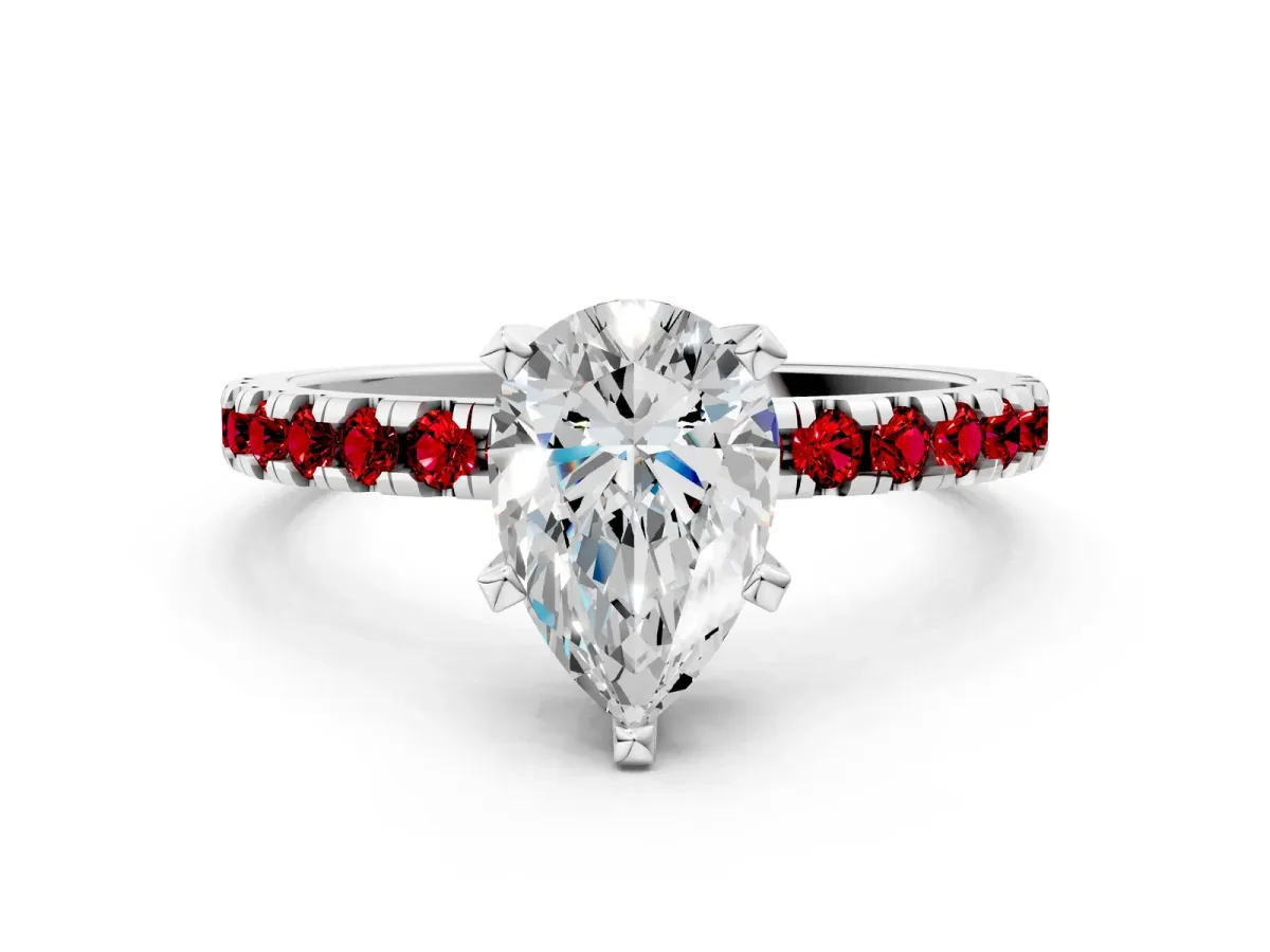 Pear Cut Diamond Solitaire Ring with Round Ruby Pavé Band and Four-Prong Setting White gold