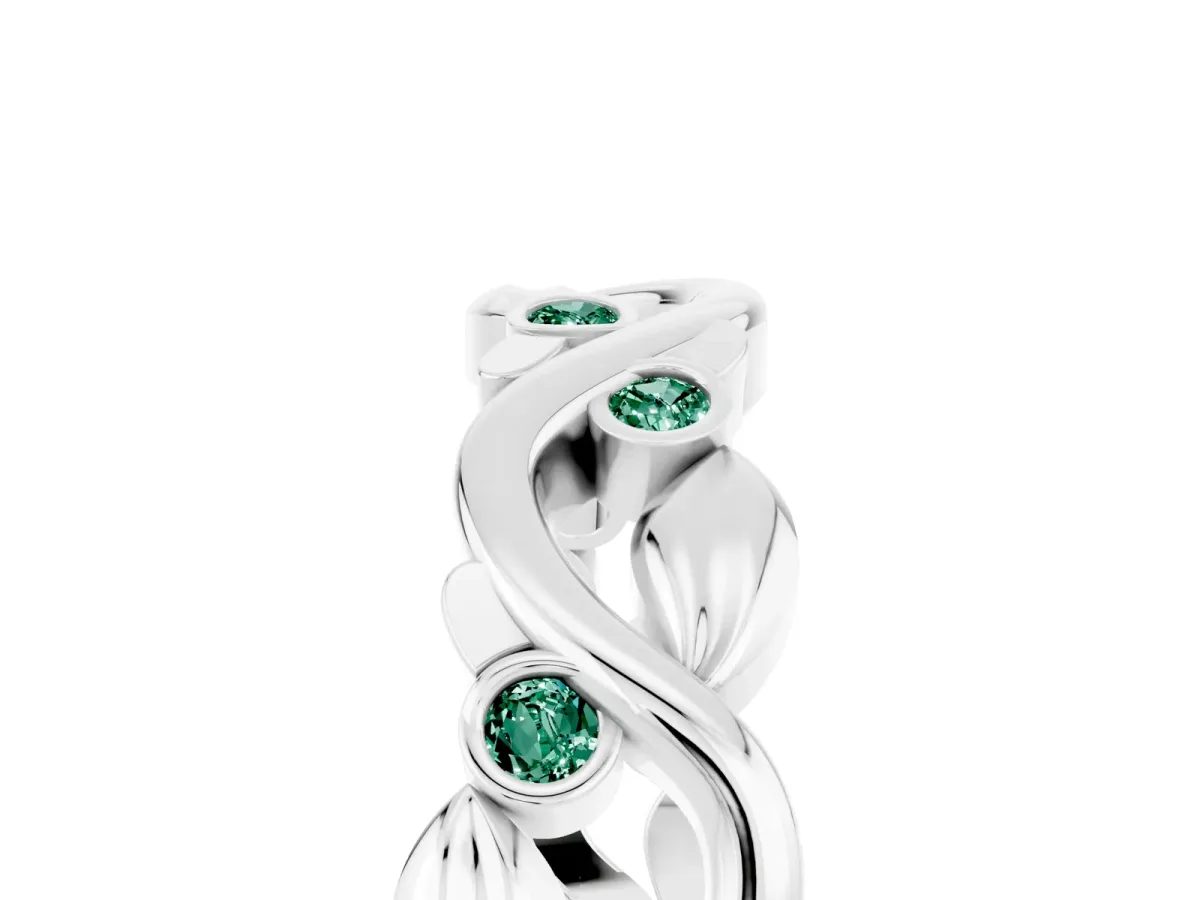 Round Green Sapphire Leaf Eternity Band with Bezel Setting White gold