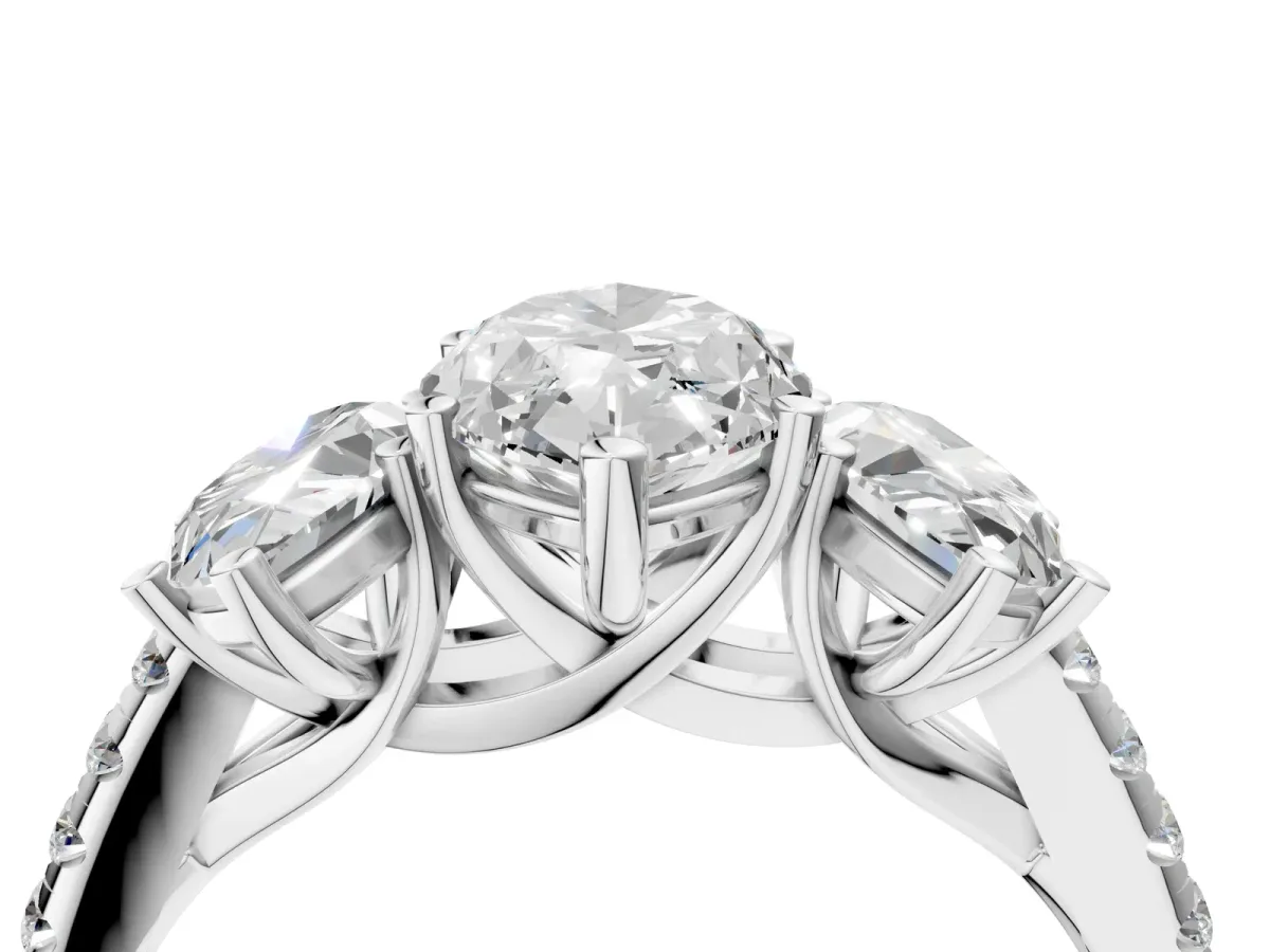 Three-Stone Marquise Cut Diamond Ring with Round Moissanite Pavé Band and Prong Setting Silver