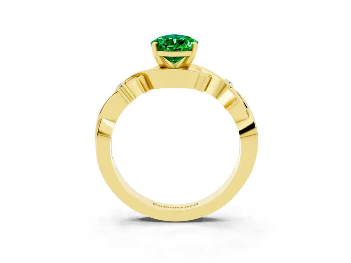 Pear Cut Emerald Solitaire Ring with Twisted Band and Prong Setting Yellow gold