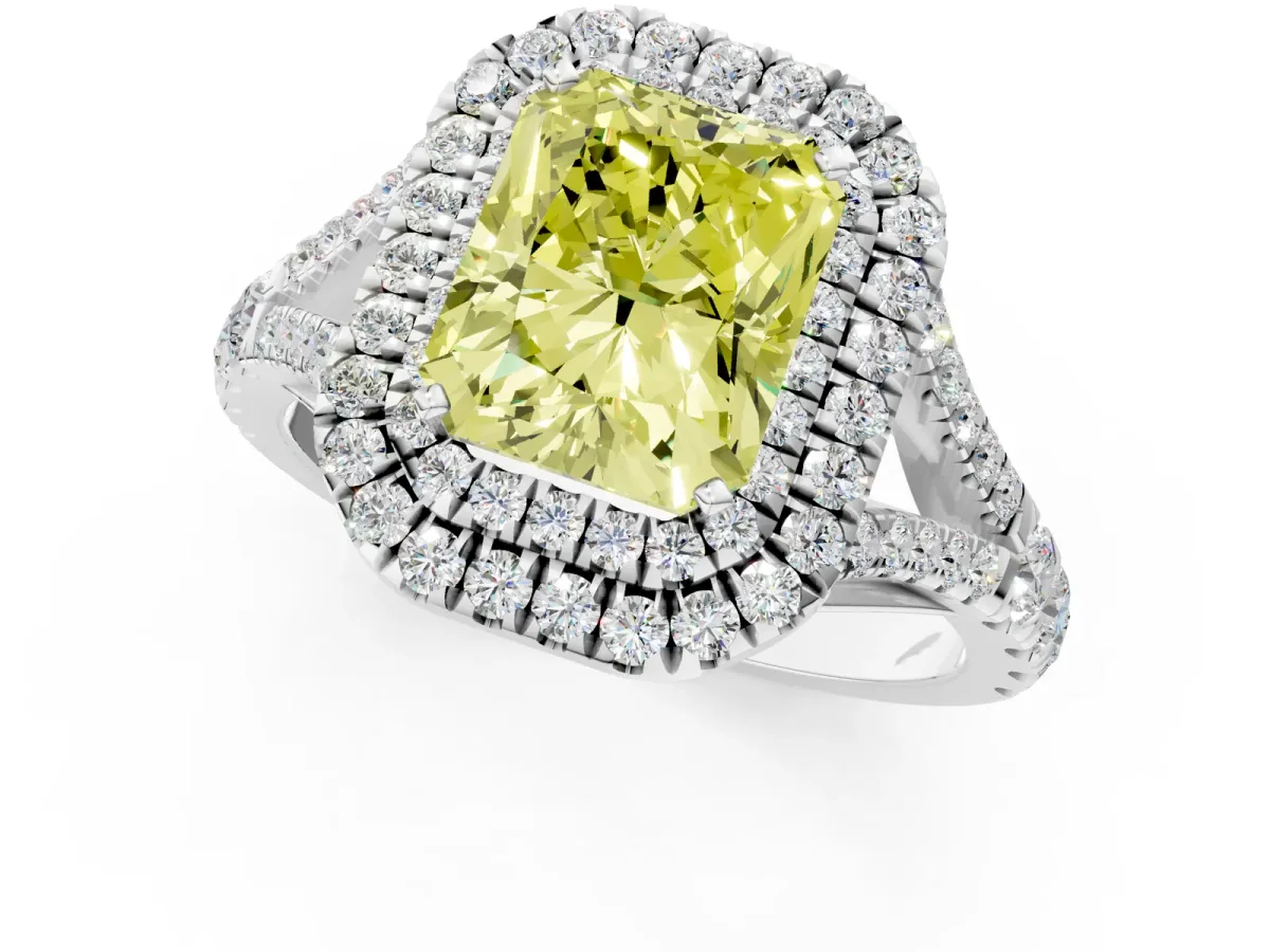 Fancy Yellow Radiant Cut Diamond Pavé Split Shank Double Halo Engagement Ring Platinum
