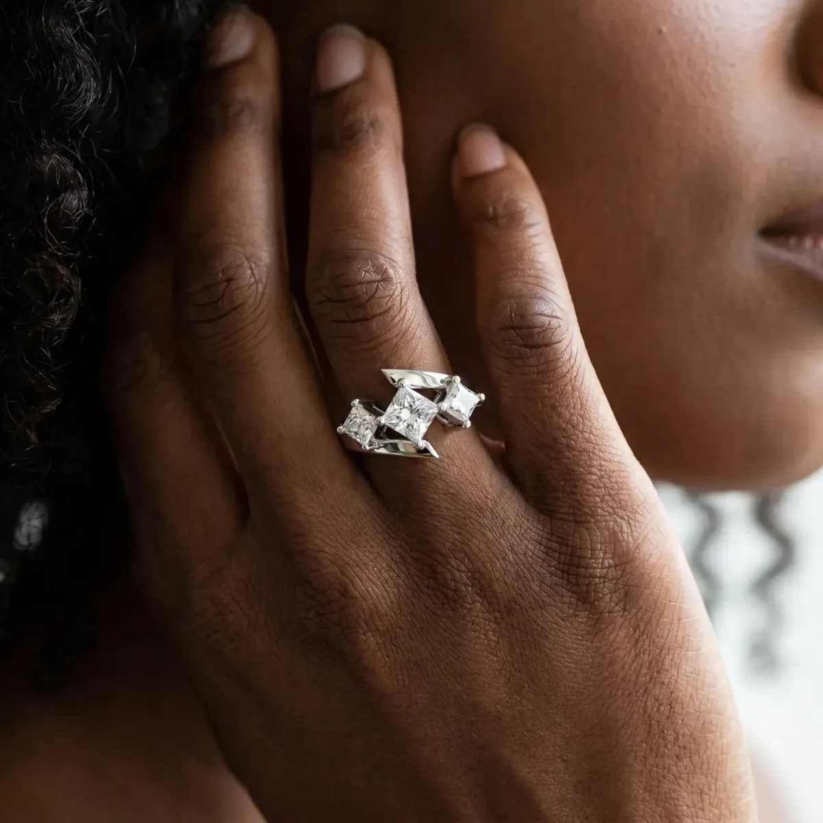 Three-Stone Princess Cut Cut Tension Band Ring with Four-Prong Setting Platinum