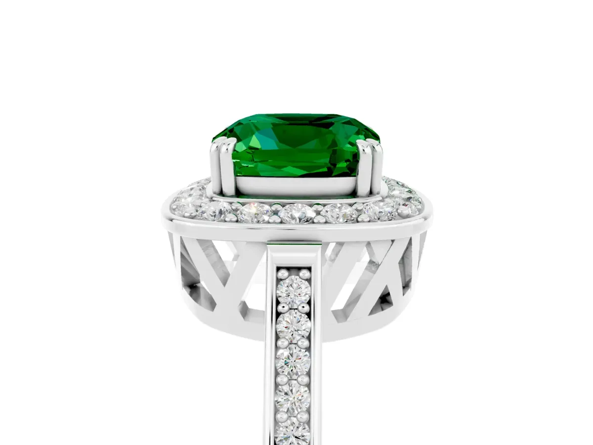 Cushion Cut Emerald Halo Ring with Split Shank and Four-Prong Setting White gold