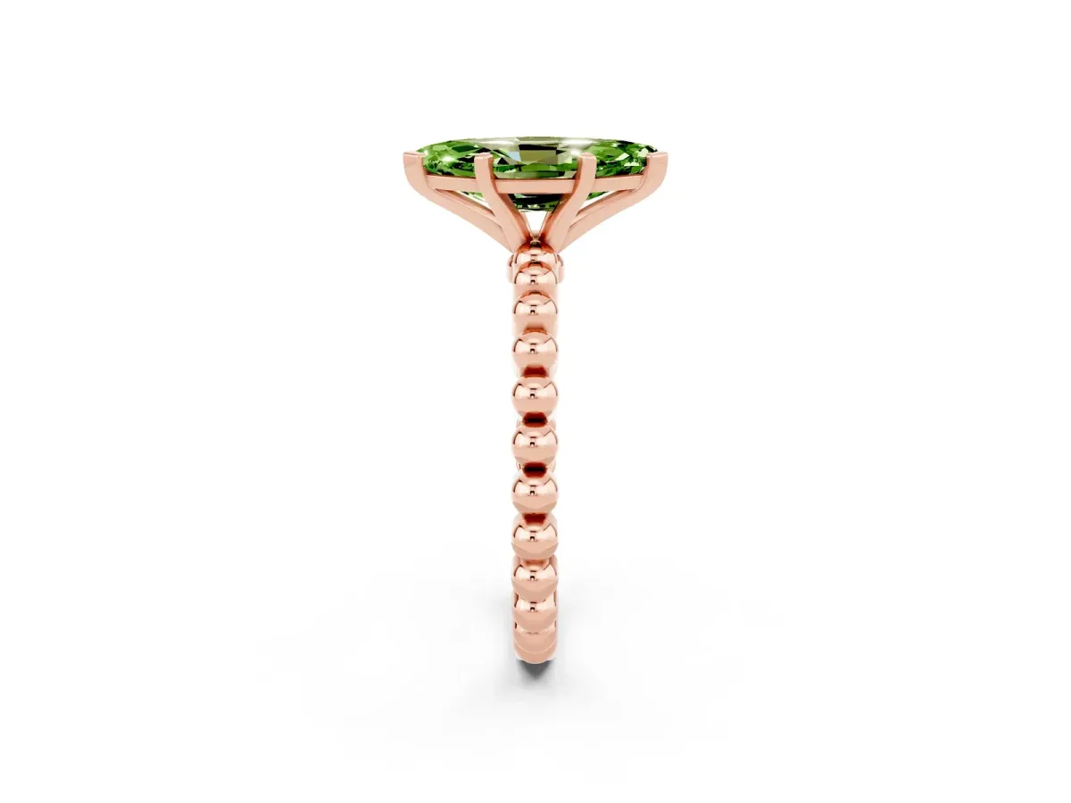 Marquise Cut Peridot Solitaire Ring with Beaded Band and Prong Setting Rose gold