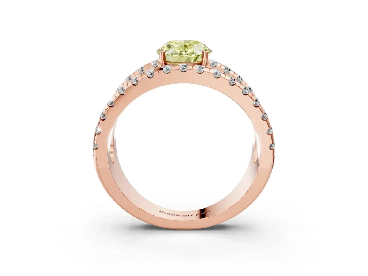 Fancy Yellow Oval Cut Solitaire Split Shank Pave Diamond Ring Rose gold