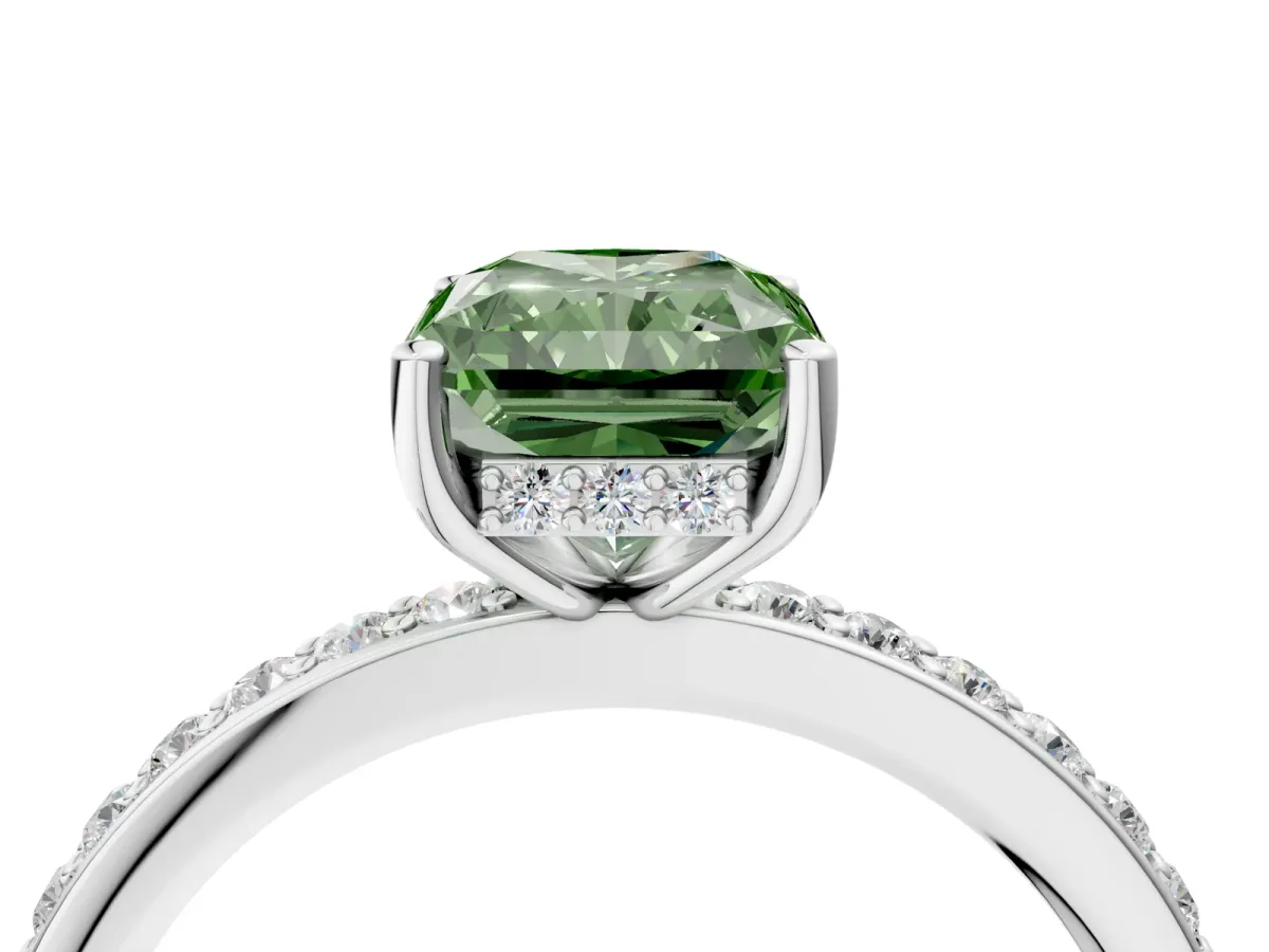 Fancy Green Radiant Cut Cut Diamond Pavé Band Ring with Four-Prong Setting Platinum