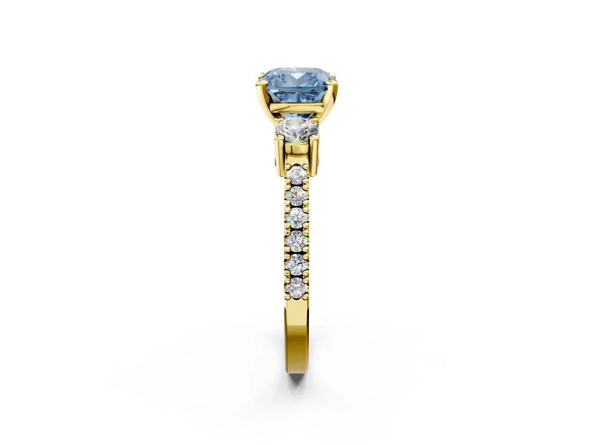 Fancy Blue Cushion Cut Cut Three-Stone Diamond Pavé Band with Prong Setting Yellow gold