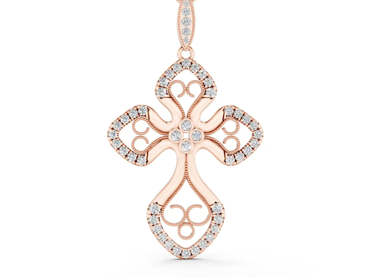 Diamond Pavé Round Milgrain Cross Pendant Rose gold