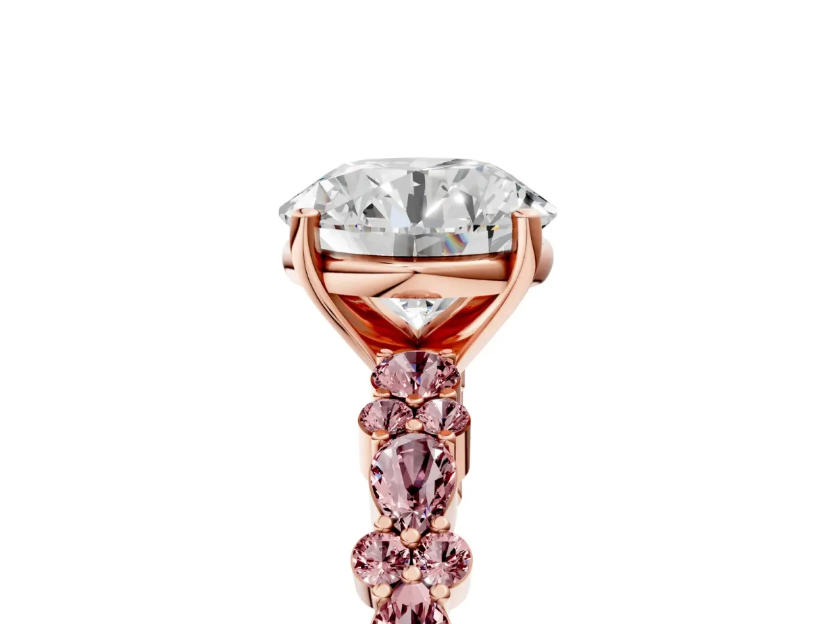 Round Cut Diamond Side Stone Solitaire Ring with Round Morganite and Four-Prong Setting Rose gold