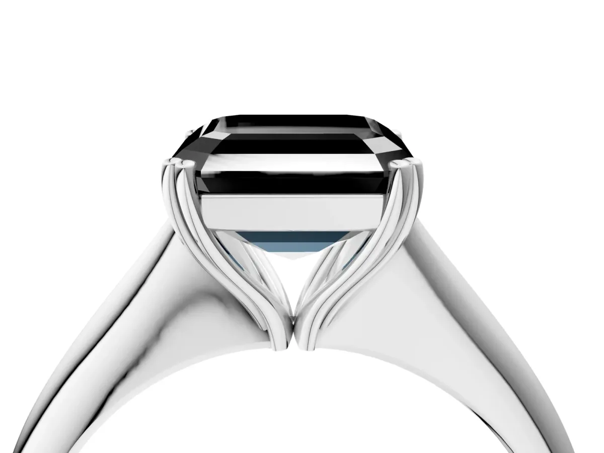 Fancy Black Asscher Cut Solitaire Diamond Ring with Six-Prong Setting and Classic Band Platinum